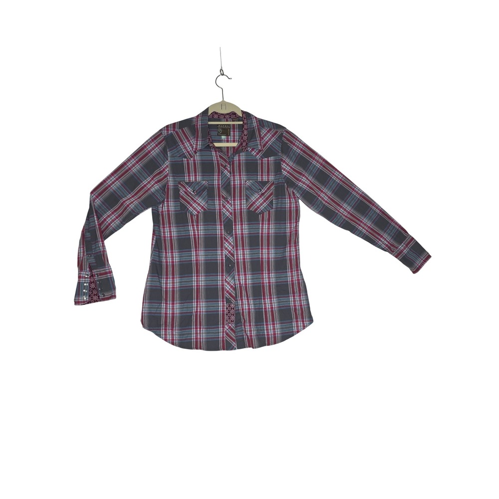 Roper Wear the West W's Large Plaid Western Snap Long Sleeve Shirt Grey Red